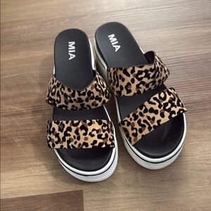 MIA Brown and Black Slide Sandals with Leopard Print